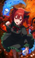 1girl :3 absurdres black_bow bow braid breasts dress fire flaming_skull frilled_dress frilled_sleeves frills from_above green_dress hair_bow highres juliet_sleeves kaenbyou_rin long_hair long_sleeves maizumi medium_breasts neck_ribbon open_mouth paw_pose puffy_sleeves red_eyes red_hair red_ribbon ribbon skull tail touhou twin_braids // 2232x3616 // 16MB