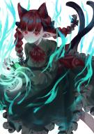 1girl ama_asagi animal_ear_fluff animal_ears aura black_bow blunt_bangs bow braid cat_ears cat_tail collared_dress commentary cowboy_shot dress extra_ears fingernails frilled_dress frills green_dress hair_bow highres kaenbyou_rin lips long_hair looking_at_viewer multiple_tails nail_polish neckerchief nekomata parted_lips pointy_ears red_bow red_eyes red_hair red_nails red_neckerchief sharp_fingernails smile solo tail teeth touhou twin_braids two_tails waist_bow // 1158x1637 // 255KB