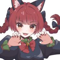1girl animal_ear_fluff animal_ears blunt_bangs bow bowtie braid cat_ears cat_girl commentary fangs fingernails hair_intakes kaenbyou_rin long_fingernails long_hair long_sleeves looking_at_viewer ocooco open_mouth red_bow red_bowtie red_eyes red_hair red_nails side_braids simple_background smile solo touhou twin_braids upper_body white_background // 1000x1000 // 711KB