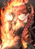 1girl :3 animal_ears black_bow bow braid cat_ears cat_tail dress extra_ears fire green_dress hair_bow highres kaenbyou_rin long_hair long_sleeves looking_at_viewer multiple_tails nail_polish puffy_sleeves red_eyes red_hair red_nails skull solo suna_sen tail touhou twin_braids two_tails // 1421x1979 // 4.1MB