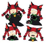 1girl animal_ears animal_hands bell black_bow blunt_bangs bow braid cat_ears cat_paws cat_tail cropped_shoulders dress extra_ears fangs furukawa_(yomawari) hair_bow jingle_bell kaenbyou_rin multiple_tails multiple_views red_hair tail touhou twin_braids // 1068x999 // 141KB