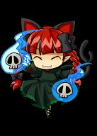1girl :3 ^_^ animal_ears braid cat_ears cat_girl cat_tail chibi closed_eyes female_focus full_body hair_ribbon kaenbyou_rin multiple_tails pointy_ears red_hair ribbon skull socha solo tail touhou transparent_background twin_braids // 688x964 // 230KB