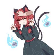 1girl animal_ear_fluff animal_ears ay606078 black_bow black_nails blunt_bangs bow braid cat_ears cat_girl closed_eyes closed_mouth commentary_request disembodied_hand dress fangs green_dress hair_bow headpat highres hitodama kaenbyou_rin long_hair long_sleeves patterned_clothing paw_pose red_hair side_braids simple_background skull solo_focus touhou twin_braids variant_set white_background // 2004x2048 // 236KB