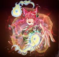 1girl :d animal_ears bow braid cat_ears cat_tail cropped_torso dark_background dress fangs fingernails floating_hair foreshortening highres hitodama iroironokabeuti juliet_sleeves kaenbyou_rin long_fingernails long_hair long_sleeves looking_at_viewer nail_polish open_mouth puffy_sleeves reaching reaching_towards_viewer red_eyes red_hair red_nails simple_background smile solo tail touhou twin_braids upper_body very_long_hair // 2048x2002 // 617KB