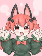 1girl animal_ears blush bow bowtie braid breasts cat_ears claw_pose d: dress extra_ears fang frills fumomono gao green_dress hair_bow hair_ribbon hands_up heart highres kaenbyou_rin large_breasts long_hair long_sleeves looking_at_viewer open_mouth pink_background red_bow red_bowtie red_eyes red_hair ribbon skin_fang solo space_print starry_sky_print touhou tress_ribbon twin_braids upper_body v-shaped_eyebrows // 1536x2048 // 284KB