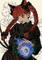 1girl :d animal_ears black_dress braid cat_ears cat_girl cat_tail dress extra_ears fangs highres hitodama juliet_sleeves kaenbyou_rin kozukue_(estsuk) long_sleeves looking_at_viewer open_mouth puffy_sleeves red_eyes red_hair side_braids simple_background skull smile solo tail touhou twin_braids twintails // 1447x2039 // 460KB