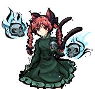 1girl animal_ears black_bow blue_fire bow braid breasts cat_ears cat_tail closed_mouth dress eyebrows_hidden_by_hair feet_out_of_frame fire flaming_skull floating_skull frills green_dress hair_bow hair_ribbon hand_up highres hitodama kaenbyou_rin lis_(lislisette) long_hair long_sleeves looking_ahead multiple_tails nekomata official_style petticoat red_eyes red_hair ribbon simple_background skull sleeves_past_wrists small_breasts smile solo standing tail tokiame_(style) touhou tress_ribbon twin_braids twintails two_tails white_background // 2048x1924 // 374KB