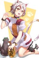 1girl :3 :d animal animal_ears apron barefoot bell black_cat blush cat cat_ears cat_tail chen chen_(cat) coin dress fang goutokuji_mike highres jewelry kaenbyou_rin kaenbyou_rin_(cat) looking_at_viewer mumyuu neck_bell nekomata open_mouth paw_pose short_sleeves sitting smile solo tail touhou // 1050x1536 // 2.1MB