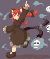 1girl :3 animal_ears arm_up artist_request blush_stickers braid cat_ears check_artist dress fang fang_out grey_background hitodama kaenbyou_rin multiple_tails red_hair running simple_background smile solo tail touhou wool_(miwol) // 800x933 // 255KB