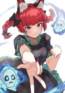 1girl animal_ears bow braid breasts cat_ears closed_mouth daweykun dress extra_ears fang fire flaming_skull floating_skull frilled_dress frills green_dress hair_bow happy highres kaenbyou_rin long_hair looking_at_viewer puffy_short_sleeves puffy_sleeves red_eyes red_hair short_sleeves simple_background skull small_breasts smile solo touhou twin_braids white_background // 1398x1984 // 338KB