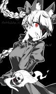 1girl animal_ears aokihatoba_01 black_background braid cat_ears cat_girl commentary_request dress extra_ears highres hitodama juliet_sleeves kaenbyou_rin long_hair long_sleeves open_mouth outline partially_colored puffy_sleeves red_eyes side_braids skull solo touhou twin_braids twitter_username white_outline // 1008x1692 // 239KB