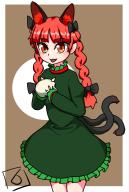 1girl :3 :d animal_ears black_bow bow braid cat_ears cat_tail dress frilled_dress frills green_dress hair_bow holding holding_skull horns kaenbyou_rin multiple_tails nekomata open_mouth red_hair skull smile solo tail touhou tsr2 twin_braids two_tails // 707x1051 // 316KB