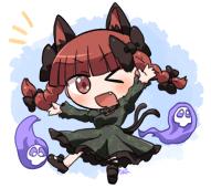 >_o 1girl animal_ears black_bow black_footwear blue_background bow braid cat_ears cat_girl cat_tail commentary_request dress fang full_body green_dress hair_bow hitodama kaenbyou_rin looking_at_viewer medium_hair multiple_tails nekomata one_eye_closed open_mouth red_eyes red_hair rokugou_daisuke side_braids signature solo tail touhou twin_braids two_tails // 1274x1130 // 1023KB