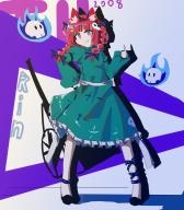 1girl :3 absurdres animal_ear_fluff animal_ears black_ribbon braid cat_ears cat_girl character_name closed_mouth commentary dress english_commentary fang full_body green_dress hair_ornament highres hitodama hzp2023 kaenbyou_rin leg_ribbon long_sleeves looking_at_viewer medium_hair red_eyes red_hair ribbon side_braids skull skull_hair_ornament solo standing touhou twin_braids wheelbarrow // 4823x5512 // 4.2MB