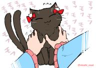 1girl :3 black_cat blue_shirt bow cat closed_eyes closed_mouth commentary_request flying_sweatdrops kaenbyou_rin kaenbyou_rin_(cat) komeiji_satori long_sleeves multiple_tails noai_nioshi red_bow shirt simple_background tail touhou translation_request twitter_username two_tails whiskers white_background // 1223x868 // 380KB