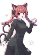 1girl :d animal_ear_fluff animal_ears black_bow blunt_bangs bow braid breasts cat_ears cat_tail chibi chibi_inset commentary contrapposto cowboy_shot double-parted_bangs dress drop_shadow extra_ears fang frills green_dress hair_bow hand_up highres hihi_(cvwv4322) juliet_sleeves kaenbyou_rin large_breasts leaning_forward light_blush long_hair long_sleeves looking_at_viewer multiple_tails nekomata open_mouth paw_pose paw_print puffy_sleeves red_eyes red_hair reiuji_utsuho reiuji_utsuho_(bird) skin_fang smile solo tail touhou triangle_mouth twin_braids two_tails // 933x1248 // 338KB