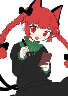 144udy 1girl :3 :d absurdres animal_ears black_bow bow braid cat_ears cat_tail dress extra_ears fang green_ribbon grey_dress hair_bow hair_ribbon hand_up highres holding holding_notepad holding_pen juliet_sleeves kaenbyou_rin long_hair long_sleeves looking_at_viewer multiple_tails neck_ribbon nekomata notepad open_mouth pen puffy_sleeves red_eyes red_hair ribbon simple_background sitting slit_pupils smile solo tail touhou tress_ribbon twin_braids two_tails v-shaped_eyebrows white_background // 2039x2894 // 465KB