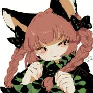 1girl :3 animal_ear_fluff animal_ears black_bow bow braid canariadraw cat_ears closed_mouth commentary dated dress frills green_dress hair_bow hands_up highres juliet_sleeves kaenbyou_rin light_blush long_hair long_sleeves looking_to_the_side paw_pose pink_eyes puffy_sleeves red_hair sidelocks simple_background solo touhou translation_request twin_braids upper_body white_background // 1280x1280 // 166KB