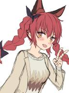 1girl alternate_costume animal_ears black_bow bow braid cat_ears fang highres kaenbyou_rin kiritanpo117 long_sleeves red_hair simple_background sketch solo touhou twin_braids upper_body white_background // 1401x1870 // 431KB