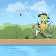 1girl absurdres black_footwear black_headwear blue_sky cat cloud fishing fishing_rod green_eyes green_skirt hat hat_ribbon heart heart_of_string highres holding holding_fishing_rod kaenbyou_rin kaenbyou_rin_(cat) komeiji_koishi long_sleeves medium_hair open_mouth outdoors ribbon shirt skirt sky third_eye touhou wrainman yellow_ribbon yellow_shirt // 4000x4000 // 695KB