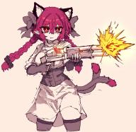 1girl alternate_costume animal_ear_fluff animal_ears black_bow bow braid cat_ears cat_girl cat_tail closed_mouth extra_ears fang gun hair_bow highres kaenbyou_rin long_hair multiple_tails pointy_ears rampa93 rating:general red_eyes red_hair score:1 shotgun side_braids simple_background sjogren_inertia_shotgun skin_fang skirt slit_pupils solo tail touhou twin_braids two_tails weapon // 1661x1623 // 278KB