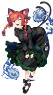 1girl animal_ears black_dress braid breasts cat_ears cat_girl dress fang frilled_dress frills hataraki_kuma highres kaenbyou_rin looking_at_viewer one_eye_closed open_mouth red_eyes red_hair simple_background touhou twin_braids white_background // 800x1398 // 792KB