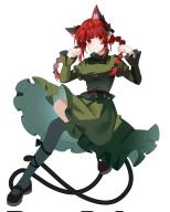 1girl :3 animal_ears black_bow black_bowtie bow bowtie braid cat_ears cat_girl cat_tail closed_mouth commentary corrupted_twitter_file extra_ears frilled_skirt frilled_sleeves frills green_shirt green_skirt hair_bow hands_up highres juliet_sleeves kaenbyou_rin leg_ribbon long_hair long_sleeves looking_at_viewer mary_janes miamante77 multiple_tails paw_pose pointy_ears puffy_sleeves red_eyes red_hair red_shoes ribbon shirt shoes simple_background skirt solo tail touhou twin_braids two_tails white_background // 1645x2048 // 195KB