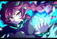 1girl animal_ears black_bow blue_fire bow braid bwell cat_ears commentary_request dress extra_ears fang fire green_ribbon grey_dress hair_bow kaenbyou_rin letterboxed long_hair looking_at_viewer neck_ribbon open_mouth pointy_ears red_eyes red_hair ribbon slit_pupils smile solo touhou twin_braids upper_body // 1440x1000 // 1.1MB