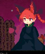 1girl :3 animal_ears blunt_bangs bow braid cat_ears dress extra_ears eyebrows_hidden_by_hair floating_hair green_dress hair_bow kaenbyou_rin long_hair long_sleeves looking_at_viewer lowres parted_lips pixel_art red_eyes red_hair skull smile solo tea_basira touhou twin_braids // 285x340 // 61KB