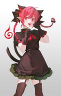 1girl :d absurdres animal_ear_fluff animal_ears black_bow black_dress black_gloves black_thighhighs blush bow braid cat_ears cat_tail cowboy_shot dress extra_ears eyebrows_hidden_by_hair fangs frilled_dress frills gloves hair_between_eyes hair_bow hands_up highres kaenbyou_rin long_hair looking_at_viewer multiple_tails neck_ribbon nekomata open_mouth paw_pose pointy_ears puffy_short_sleeves puffy_sleeves red_eyes red_ribbon ribbon short_sleeves simple_background smile solo tail thighhighs tongue touhou twin_braids two_tails white_background zhiming_shang // 1912x3000 // 1.4MB