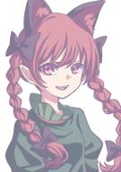 1girl absurdres animal_ears black_bow bow braid cat_ears dress extra_ears fangs green_dress highres kaenbyou_rin kame_(kamepan44231) looking_at_viewer one-hour_drawing_challenge open_mouth pointy_ears portrait red_eyes red_hair smile solo teeth touhou twin_braids white_background // 2480x3508 // 1.2MB