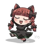 1girl :3 :d animal_ear_fluff animal_ears arms_behind_head black_bow black_dress blush bow braid brown_footwear cat_ears cat_girl cat_tail closed_eyes commentary_request dress extra_ears frilled_dress frills full_body hair_bow kaenbyou_rin long_sleeves multiple_tails open_mouth red_hair rokugou_daisuke short_hair signature simple_background smile solo tail touhou twin_braids two_tails walking white_background // 1030x1008 // 398KB