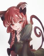 1girl absurdres animal_ears black_bow bow braid cat_ears cat_tail commentary_request dress green_dress grey_background hair_bow highres juliet_sleeves kaenbyou_rin long_hair long_sleeves multiple_tails pakkii_(vkdd5524) puffy_sleeves red_eyes red_hair side_braids simple_background solo tail touhou twin_braids two_tails // 1989x2500 // 614KB