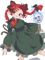 1girl animal_ears braid cat_ears cat_girl closed_mouth commentary_request dress extra_ears fang fingernails green_dress highres hitodama kaenbyou_rin korean_commentary long_fingernails long_hair long_sleeves magg_(user_mtca8588) red_hair red_nails side_braids simple_background skull solo touhou twin_braids white_background // 1536x2048 // 773KB