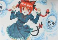 1girl :d animal_ears beluo77 black_bow bow braid breasts cat_ears cat_tail commentary_request contrapposto cowboy_shot dress extra_ears fang fire flaming_skull floating_skull frilled_dress frilled_sleeves frills green_dress hair_bow juliet_sleeves kaenbyou_rin long_hair long_sleeves looking_at_viewer multiple_tails neck_ribbon open_mouth paw_pose puffy_sleeves red_bow red_eyes red_hair red_ribbon ribbon short_dress skull small_breasts smile solo tail tail_bow tail_ornament touhou traditional_media twin_braids two_tails // 1280x890 // 238KB