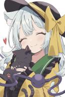 1girl ^_^ animal animal_ear_fluff black_bow black_hat blush bow cat closed_eyes closed_mouth collared_shirt commentary_request contrast_collar double-parted_bangs facing_viewer frilled_shirt_collar frilled_sleeves frills green_hair hair_between_eyes hat hat_bow hat_ribbon heart highres holding holding_animal holding_cat kaenbyou_rin kaenbyou_rin_(cat) kamachi_(kamati0maru) kemonomimi_mode komeiji_koishi long_hair long_sleeves rating:general ribbon score:2 shirt signature smile solo third_eye touhou upper_body watermark white_background wide_sleeves yellow_bow yellow_ribbon yellow_shirt // 1113x1643 // 474KB