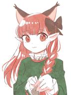 1girl :3 alternate_hairstyle animal_ears bow braid cat_ears dress extra_ears green_dress hair_bow hair_down kaenbyou_rin long_hair long_sleeves looking_at_viewer one-hour_drawing_challenge pointy_ears puffy_sleeves red_eyes red_hair simple_background solo tama_(hiroshige_36) touhou twin_braids upper_body white_background // 746x1000 // 110KB