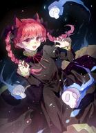 1girl :d animal_ear_fluff animal_ears black_bow black_dress black_nails blunt_bangs blush bow braid cat_ears chinese_commentary claw_pose commentary cowboy_shot dress extra_ears fang fingernails frilled_sleeves frills hair_bow hands_up hitodama juliet_sleeves kaenbyou_rin long_sleeves looking_at_viewer nail_polish neck_ribbon open_mouth pointy_ears puffy_sleeves red_eyes red_hair red_ribbon ribbon smile solo touhou transparent_(randomhs) twin_braids // 728x1000 // 601KB