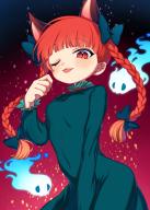 1girl ;p absurdres animal_ears blue_fire blunt_bangs blush bow braid breasts cat_ears covered_navel dress extra_ears fire flaming_skull floating_skull gradient_background green_bow green_dress hair_bow highres hitodama kaenbyou_rin long_hair long_sleeves looking_at_viewer multiple_tails navel one_eye_closed red_background red_eyes red_hair side_braids skull slit_pupils small_breasts solo sparks star_(sky) sumiyama_sui tail tongue tongue_out touhou twin_braids // 2591x3624 // 2.7MB