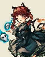 1girl ;3 ;d animal_ears black_bow black_dress bow braid cat_ears cat_tail commentary dress extra_ears fang hair_bow highres hitodama juliet_sleeves kabocha1408 kaenbyou_rin long_sleeves looking_at_viewer medium_hair multiple_tails nekomata one-hour_drawing_challenge one_eye_closed open_mouth puffy_sleeves red_eyes red_hair side_braids simple_background smile solo tail touhou twin_braids two_tails // 1636x2048 // 352KB