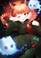 1girl :3 ;d absurdres animal_ear_fluff animal_ears black_bow blunt_bangs blush bow braid cat_ears cat_tail chromatic_aberration cowboy_shot dress fang flat_chest floating_hair gradient_background green_dress hair_ribbon hands_up highres hitodama j_(ppxx3543) juliet_sleeves kaenbyou_rin long_sleeves looking_at_viewer multiple_tails nekomata one_eye_closed open_mouth paw_pose puffy_sleeves red_background red_eyes red_hair red_ribbon reiuji_utsuho reiuji_utsuho_(bird) ribbon simple_background skin_fang smile solo sparkle tail touhou tress_ribbon twin_braids twintails two_tails // 1889x2686 // 495KB