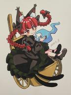 1girl animal_ear_fluff animal_ears black_dress black_shoes blush_stickers braid cat_ears cat_tail closed_mouth dated dress extra_ears fingernails frilled_dress frills full_body furiba_794 highres juliet_sleeves kaenbyou_rin long_fingernails long_hair long_sleeves multiple_tails nail_polish pointy_ears puffy_sleeves red_eyes red_hair red_nails sharp_fingernails shoes smile solo tail touhou traditional_media twin_braids two_tails // 1552x2048 // 354KB