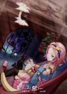 1girl ;3 absurdres armchair artist_name bird black_bird black_cat black_hairband black_thighhighs blouse blue_shirt bra_strap cat chair chinese_commentary closed_mouth commentary crossed_legs cushion dated dutch_angle fire fireplace floral_print flower foot_out_of_frame forehead hair_flower hair_ornament hairband hand_up heart heart_hair_ornament highres index_finger_raised indoors kaenbyou_rin kaenbyou_rin_(cat) komeiji_satori light_rays long_sleeves looking_at_viewer looking_to_the_side off_shoulder on_chair one_eye_closed parted_bangs pink_eyes pink_hair pink_skirt pink_slippers plant potted_plant red_flower red_rose reiuji_utsuho reiuji_utsuho_(bird) rose rose_print shirt short_hair single_bare_shoulder sitting skirt skull slippers solo thighhighs third_eye touhou yun_jue_wan_li // 2160x3024 // 2.1MB