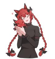 1girl :3 ^_^ animal_ears black_dress blush bow braid breasts cat_ears character_doll closed_eyes commentary doll dress english_commentary frilled_dress frilled_sleeves frills furrowed_brow hair_bow hakutaku head_tilt heart highres juliet_sleeves kaenbyou_rin long_hair long_sleeves mata_(matasoup) open_mouth puffy_sleeves red_hair simple_background small_breasts smile solo touhou twin_braids upper_body white_background // 1900x2029 // 183KB