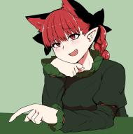 1girl :d animal_ears bow braid cat_ears dress extra_ears fang green_background green_dress kaenbyou_rin long_sleeves mizuga open_mouth pointy_ears red_eyes red_hair smile solo touhou twin_braids upper_body // 603x609 // 128KB