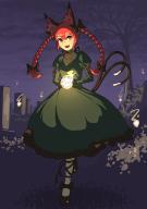 1girl :d absurdres animal_ear_fluff animal_ears bad_id bad_pixiv_id bare_tree black_bow black_footwear bow braid bush cat_ears cat_tail dress eyebrows_hidden_by_hair footwear_bow full_body glowing graveyard green_dress hair_between_eyes hair_bow hair_ribbon highres hitodama holding holding_skull juliet_sleeves kaenbyou_rin light light_blush long_hair long_sleeves looking_at_viewer multiple_tails neck_ribbon nekomata night niru_(skyblue-town11-5) open_mouth overcast pantyhose petticoat puffy_sleeves red_eyes red_hair red_ribbon ribbon skull sky smile solo tail teeth tombstone touhou tree tress_ribbon twin_braids twintails two_tails upper_teeth_only walking white_pantyhose // 2480x3508 // 2.5MB