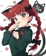 1girl absurdres animal_ears blush braid cat_day cat_ears cat_tail dated dress extra_ears fang fingernails green_dress highres kaenbyou_rin long_hair long_sleeves miz_(mizillustration) multiple_tails red_eyes red_hair smile solo star_(symbol) star_symbol_background tail tongue tongue_out touhou twin_braids two_tails upper_body white_background // 2221x2722 // 1.9MB