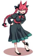 1girl animal_ears black_bow black_footwear black_ribbon bow braid breasts cat_ears cat_girl closed_eyes dress extra_ears fang full_body fuuzasa green_dress hair_bow highres juliet_sleeves kaenbyou_rin leg_ribbon long_hair long_sleeves medium_breasts nekomata open_mouth pointy_ears puffy_sleeves red_hair ribbon side_braids simple_background solo touhou twin_braids white_background // 1332x1864 // 694KB