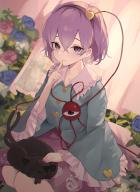 1girl absurdres animal black_hairband blue_flower blue_rose blue_shirt cat collared_shirt eyeball finger_to_mouth floral_print flower frilled_shirt_collar frilled_sleeves frills hair_between_eyes hair_ornament hairband heart heart_hair_ornament highres kaenbyou_rin kaenbyou_rin_(cat) kani_nyan komeiji_satori long_sleeves open_mouth pink_eyes pink_flower pink_hair pink_rose pink_skirt rose rose_print shirt short_hair shushing skirt solo third_eye touhou wide_sleeves // 2200x3000 // 2.5MB