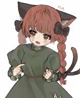 1girl animal_ears blush bow braid cat_ears cat_tail dress green_dress hair_bow highres kaenbyou_rin multiple_tails open_mouth red_eyes red_hair red_nails simple_background solo sunnyagi906 tail touhou twin_braids two_tails white_background // 1144x1396 // 148KB
